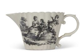 Worcested fluted jug with unusual black printed designs of a couple in a garden with classical