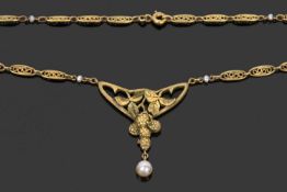 French Art Nouveau pendant necklace, the open work pendant a vine leaf and grape design having a