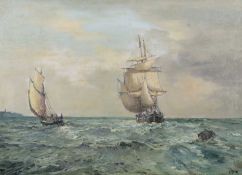 Jack Cox (British,1914-2007), A pair of sailing ships off the coast, oil on canvas, signed,