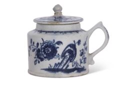 Rare early Lowestoft porcelain wet mustard pot with trailing designs of flowers and rock work, the