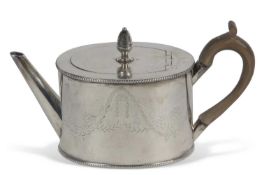 George III small oval teapot with bright cut garland decoration, acorn finial to the concealed