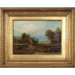British School, 19th Century pair of rural landscapes, two figures by a pond with a small cottage