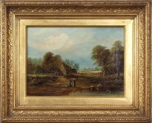 British School, 19th Century pair of rural landscapes, two figures by a pond with a small cottage