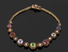 Antique multi gemstone set bracelet, the bracelet with chain links to a small flower each set with