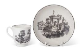 Worcester cup and saucer printed with garden statuary and obelisk on cup and unusual unrecorded