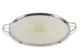 Of British golf interest - A Sheffield hallmark oval two handle presentation tray with two looped