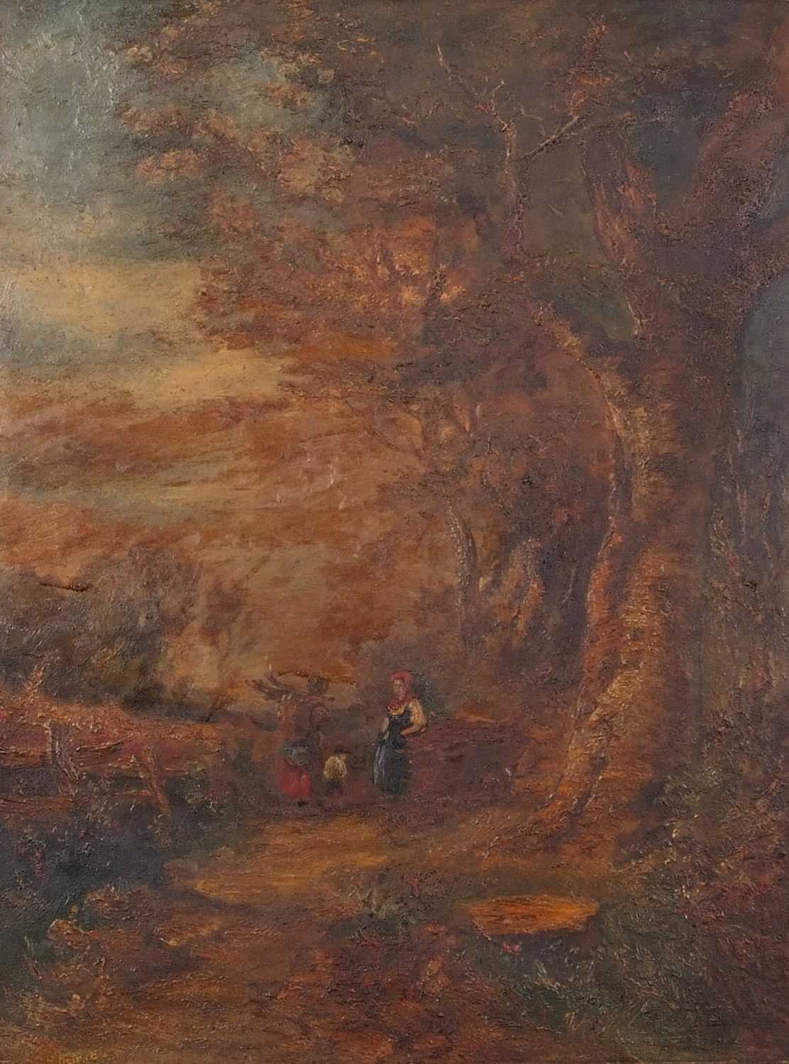 French School, 19th Century, A woodland scene with figures along a path, oil on canvas, 24x17insQty: - Image 3 of 3