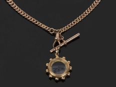 9ct gold double Albert watch chain suspending a 15ct stamped framed compass, g/w 40.7gms