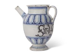 Savona syrup drug jar, typical blue ground decoration and black lettering, late 17th Century, 22cm