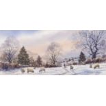 Andrew Storrie (British Contemporary) 'Shepherds Delight', sheep grazing in a winter landscape,