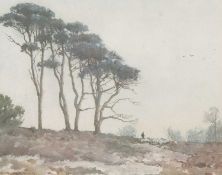S. A. Harding (British early 20th century), Watercolour of a shepherd with his flock next to a row
