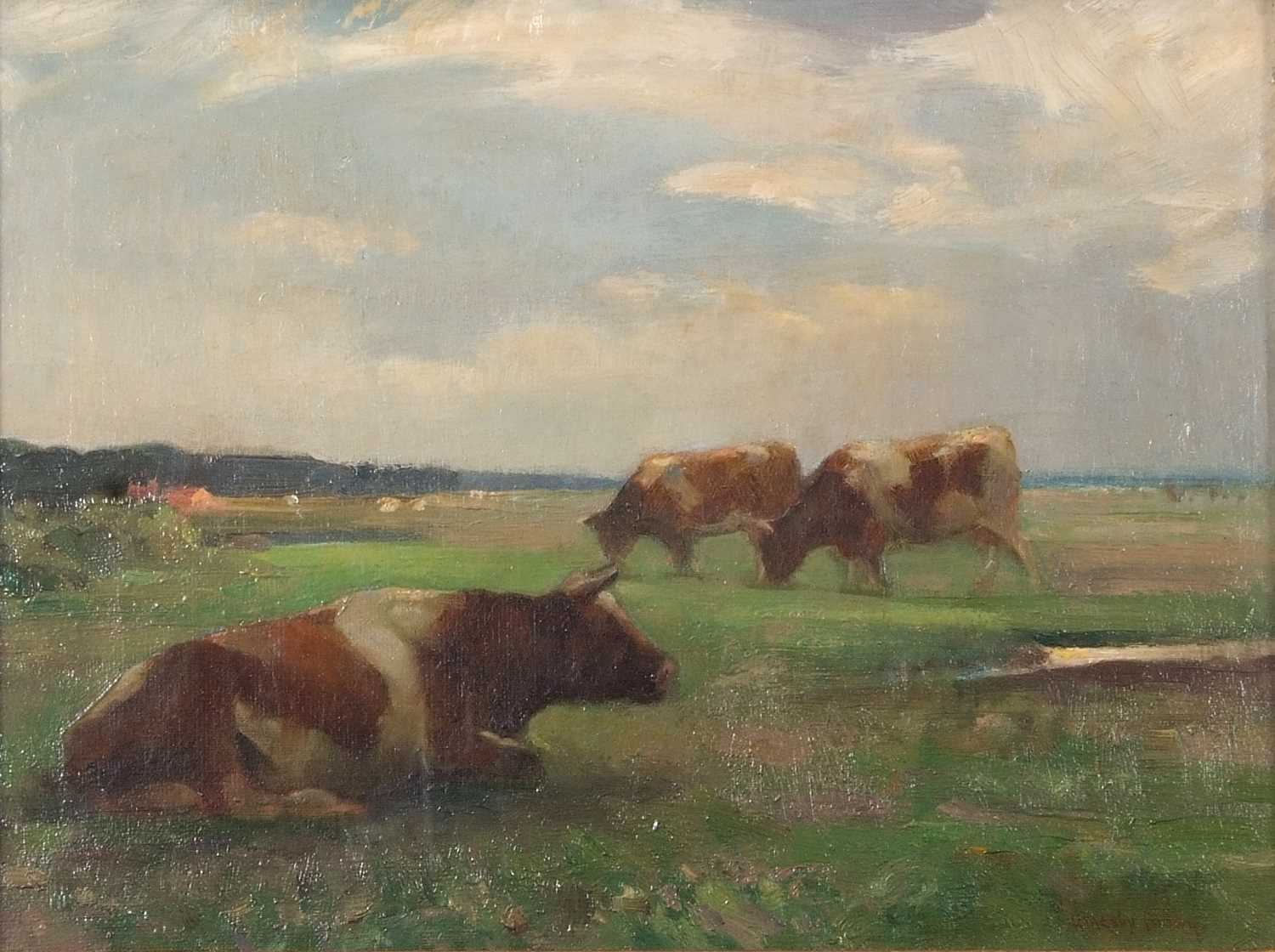 Sir John Alfred Arnesby Brown R.A (British, 1866-1955), Cattle in a landscape, 1919, oil on - Image 3 of 3