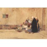 Dutch School, 19th century, flower seller in a flemish street scene, watercolour, monogrammed to