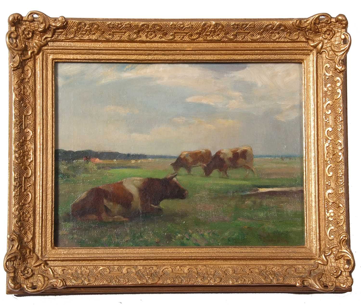 Sir John Alfred Arnesby Brown R.A (British, 1866-1955), Cattle in a landscape, 1919, oil on - Image 2 of 3