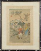 Pair of framed Chinese water colours, one of children flying a kite with red seal mark, the other