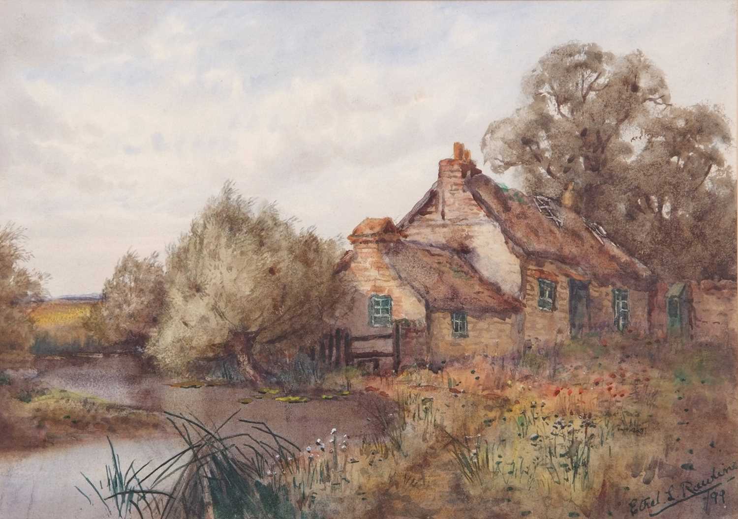 Ethel Rawlins (British, 1880-1940) A thatched cottage by a pond, watercolour, signed lower right and - Image 4 of 4