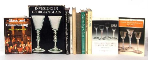 Collection of reference books on glass including 18th Century English drinking glasses by Bickerton