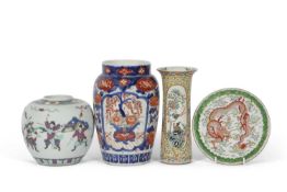 Group of Oriental porcelain including a Chinese cylindrical vase, 19th Century with polychrome