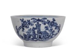 Lowestoft tea bowl printed with the Good Cross Chapel print within shaped borders (hairline)