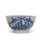 Lowestoft tea bowl printed with the Good Cross Chapel print within shaped borders (hairline)