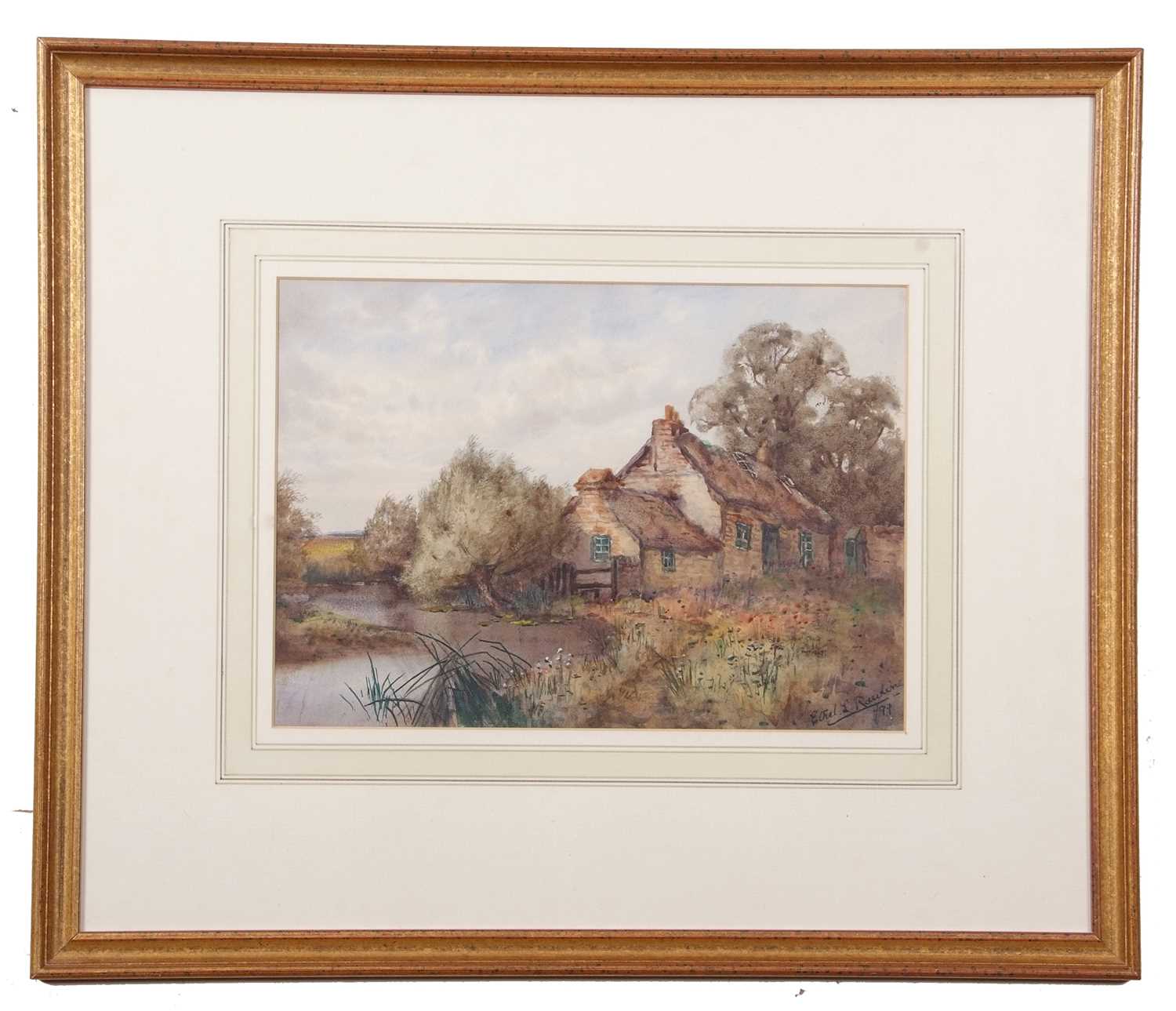 Ethel Rawlins (British, 1880-1940) A thatched cottage by a pond, watercolour, signed lower right and - Image 3 of 4