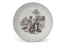 Worcester porcelain saucer dish printed with the milk maids pattern with unusual RH reversed