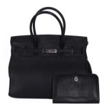 Hermes circa 2006 black leather handbag with palladium fittings, (inside lining damaged), together