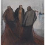 Michael Pread (British, b.1941), 'Three Fishermen with red nets', charcoal, signed. 13x13ins.Qty: 1