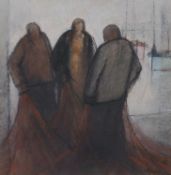 Michael Pread (British, b.1941), 'Three Fishermen with red nets', charcoal, signed. 13x13ins.Qty: 1