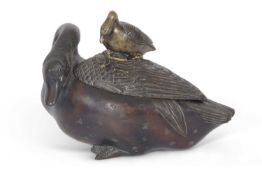 Oriental bronze model of a duck, the cover also with duck finial (restuck)