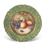 Royal Worcester cabinet plate, the centre painted with fruit by W Bee within a green and tooled gilt