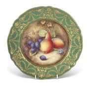 Royal Worcester cabinet plate, the centre painted with fruit by W Bee within a green and tooled gilt