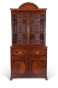George III mahogany and marquetry secretaire cabinet attributed to Gillows, the top section with