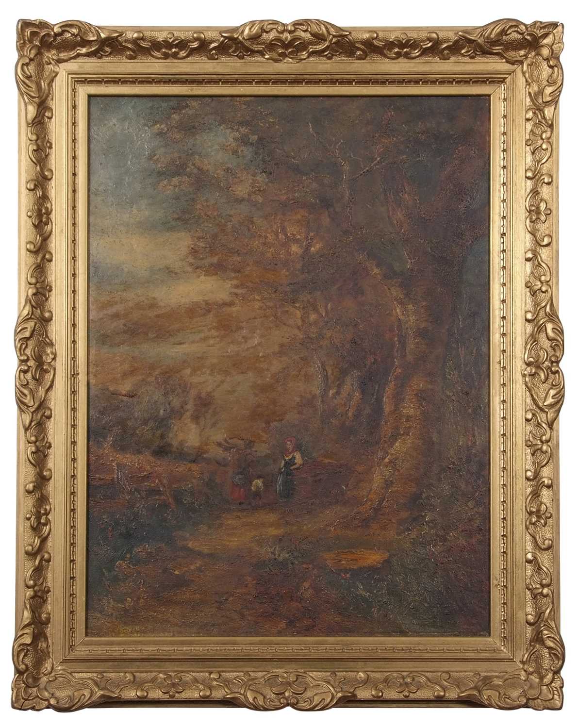 French School, 19th Century, A woodland scene with figures along a path, oil on canvas, 24x17insQty: