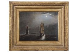 John Crome (British 1768-1821), Maritime scene with a ship and lighthouse under moonlight, oil on