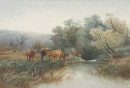 Norwich School, 19th Century, Cattle by the banks of a stream, watercolour, indistinctly signed,
