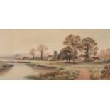 Norwich School, 19th Century, Landscape depicting a figure fishing on the bank and sheep in the
