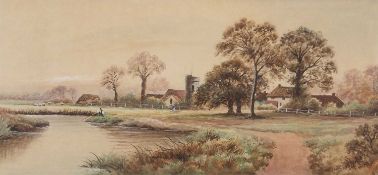 Norwich School, 19th Century, Landscape depicting a figure fishing on the bank and sheep in the