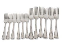 Heavy set of six George III table forks in threaded Old English pattern together with six matching