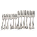 Heavy set of six George III table forks in threaded Old English pattern together with six matching