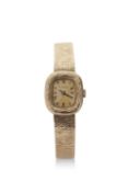 9ct gold ladies Bueche-Girod wrist watch. Stamped 375 in the case back and bracelet clasp. 17