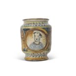 Italian Maiolica jar probably Scilian decorated with the bust of a figure, late 16th/early 17th