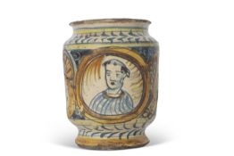 Italian Maiolica jar probably Scilian decorated with the bust of a figure, late 16th/early 17th