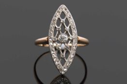 A vintage marquise-shaped diamond ring, the pierced plaque is 22x9mm decorated with graduated