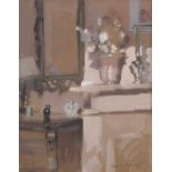 Thomas Stuart Milner RWS, RBA (British 1909-1969), Interior mantlepiece with a bowl of flowers,