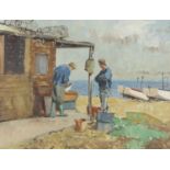 Michael J. Sanders (British, b.1950), Fishermen, Aldeburgh, oil on board,12.5x16.5ins, signed,