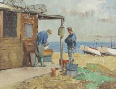 Michael J. Sanders (British, b.1950), Fishermen, Aldeburgh, oil on board,12.5x16.5ins, signed,