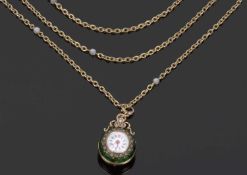 French gold ball watch with green enamel, highlighted with small old cut diamonds (one missing),