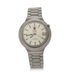 Omega electronic F300 quartz wristwatch, has a stainless steel watch case and original stainless