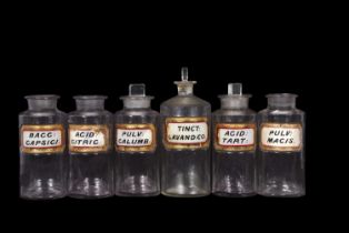 Group of six large chemist drug jars, all with various labels, some with covers, height 22cm (6)